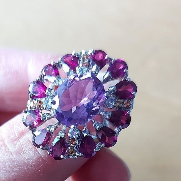 Natural Amethyst 12x10mm & Sapphire Gems 925 Sterling Silver Ring Size‎ 7.75 - Picture 5 of 5
